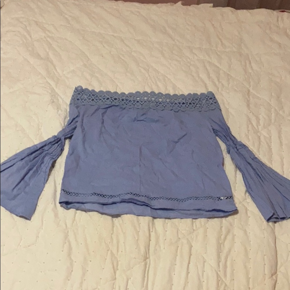 baby blue off the shoulder bell sleeve top